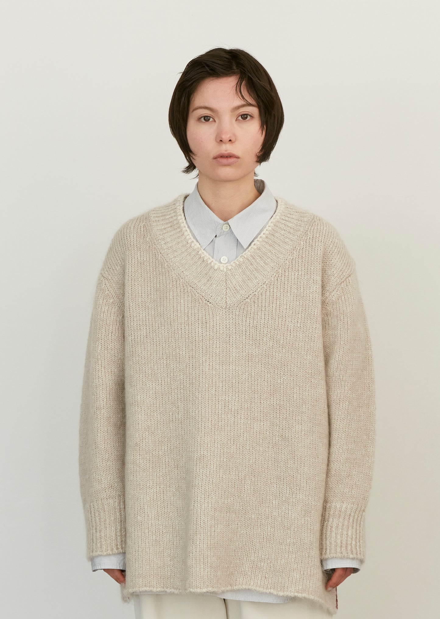 Embroidered Wool Mohair Silk V Neck