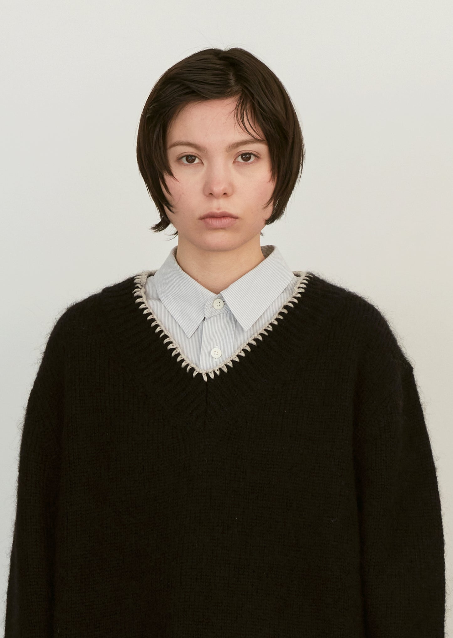 Embroidered Wool Mohair Silk V Neck