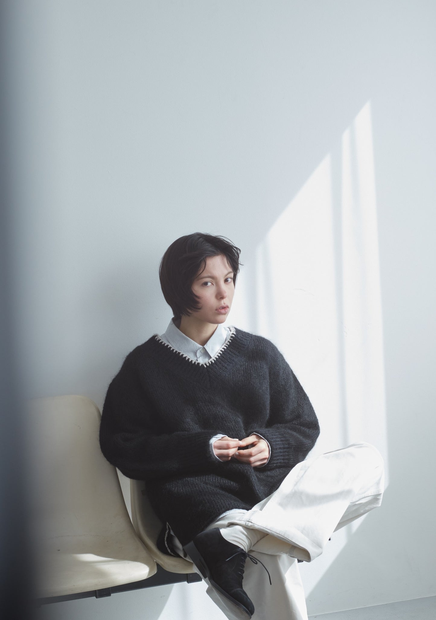 Embroidered Wool Mohair Silk V Neck