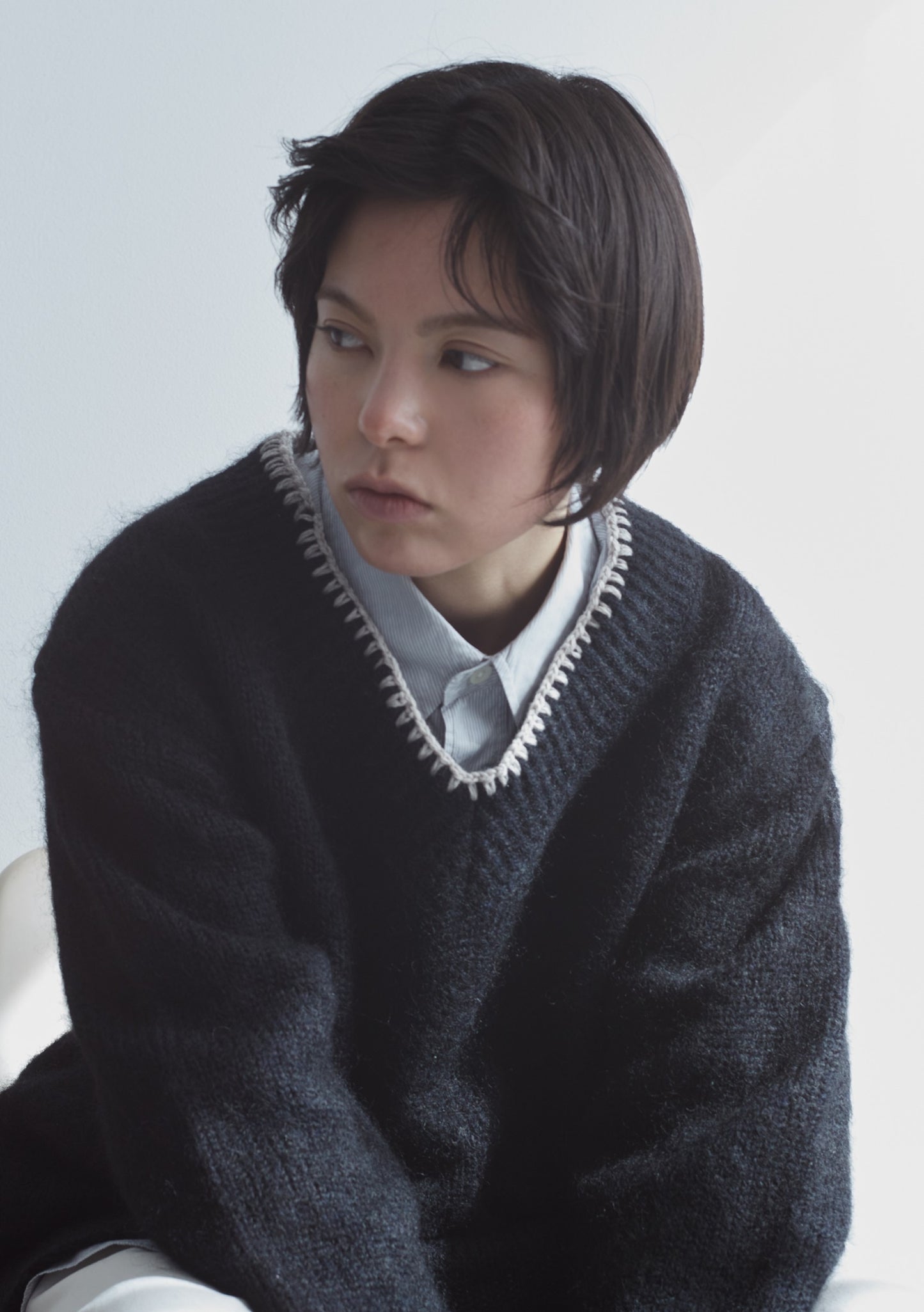 Embroidered Wool Mohair Silk V Neck