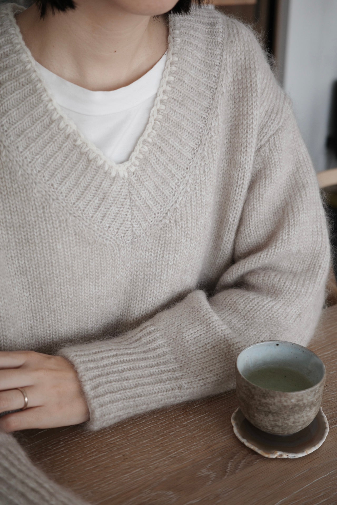 Embroidered Wool Mohair Silk V Neck